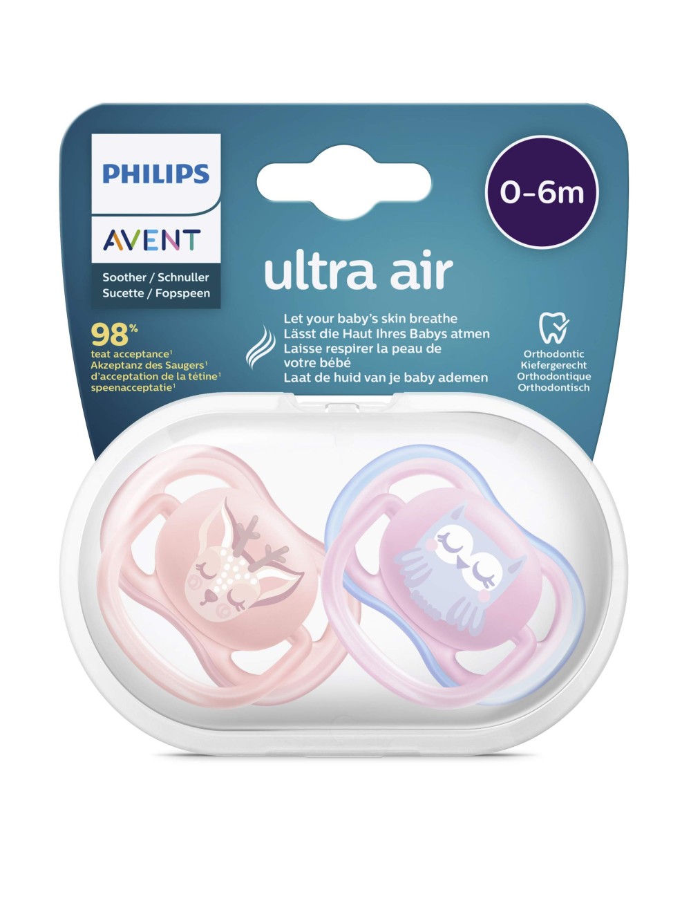 CHUPETE SILICONA PHILIPS AVENT ULTRA AIR 0 - 6 MESES 2 UNIDADES NIÑA SCF085/13